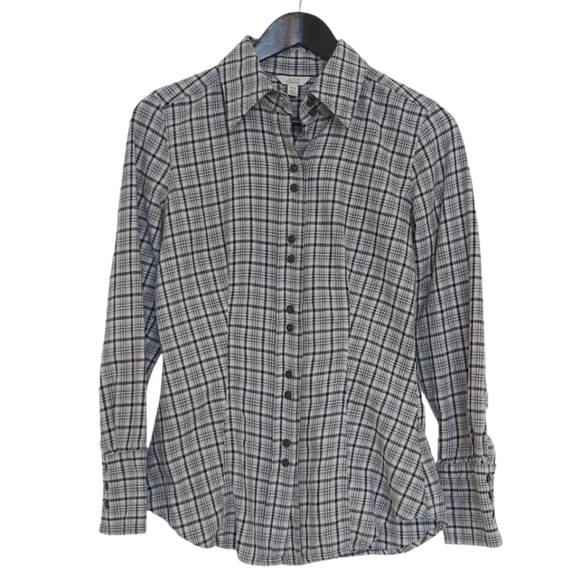 Jacob Connexion shirt womens S/M grey plaid flannel double buttons defined waist - Picture 1 of 6